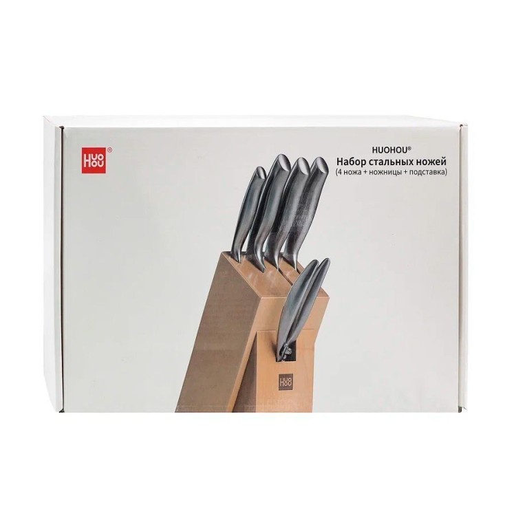 Набор из 4-х стальных ножей ножниц и подставки Xiaomi Mi HuoHou 6-Piece Stainless Steel Kitchen Knife Set HU0014 Silver RUS