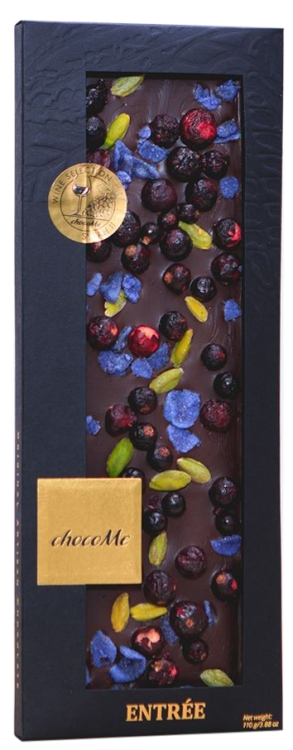 Горький шоколад с фисташками Бронте, лепестками фиалки, ягодами черной смородины